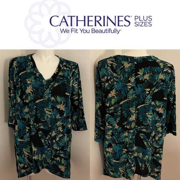 Catherines Tops - Catherine’s Plus Size Leaf Shirt Blue Green Black